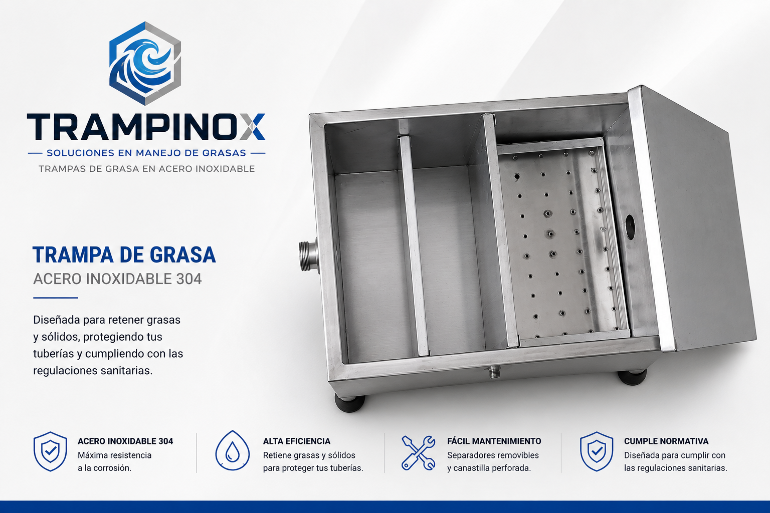 Interior de trampa de grasa Trampinox mostrando separadores y canastilla perforada en acero inoxidable 304