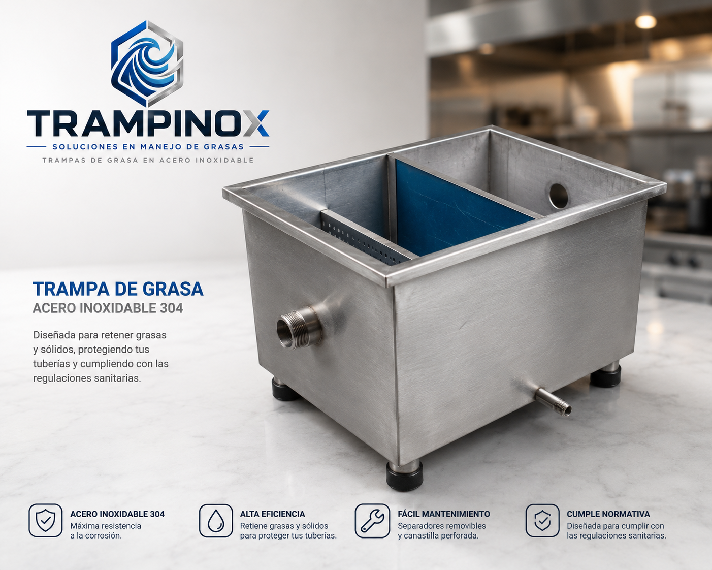 Trampa de grasa Trampinox en acero inoxidable 304 instalada en cocina comercial